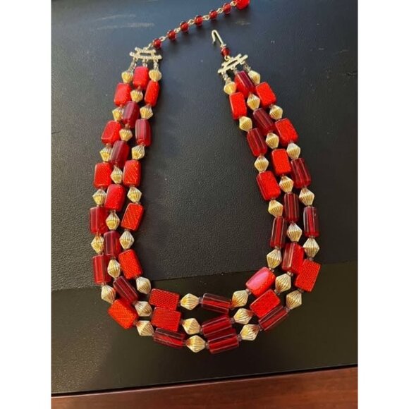 Red & Gold Multi Style Beaded Necklace 19" - Picture 2 of 6